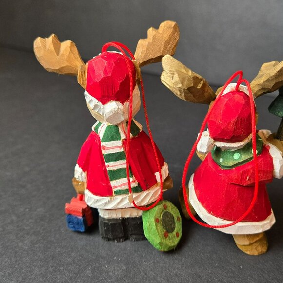 Hand Carved Wooden Moose Ornaments Christmas Santa Red Coat Scandinavian 4" Pair - Picture 4 of 8